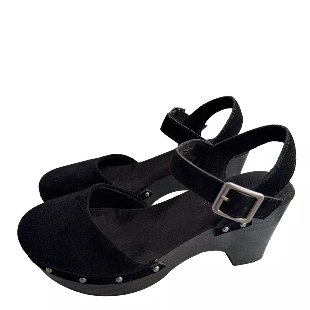 House of Harlow 1960 Black Suede Studded Clog Sandals Platform Ankle Strap Heels